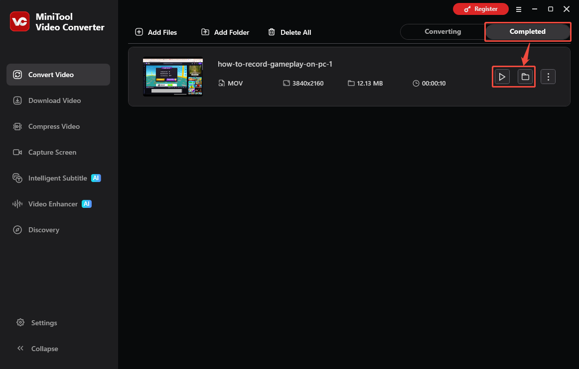 MiniTool Video Converter Completed tab with the Play icon and the Folder option selected in the Convert Video tab.