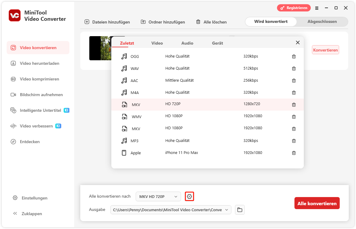 klicken Sie in MiniTool Video Converter auf „Alle Dateien konvertieren in“, um MP4 als Ausgabeformat festzulegen