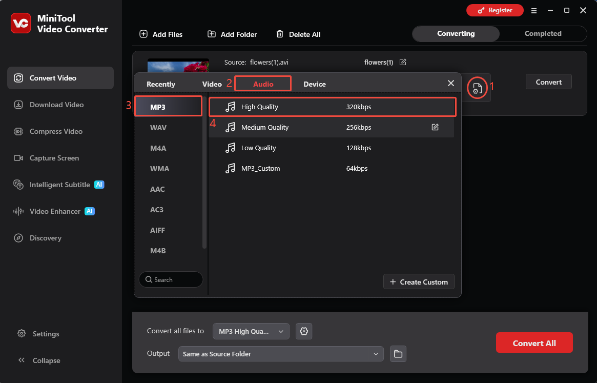 MiniTool Video Converter interface showing how to choose MP3 as output format.