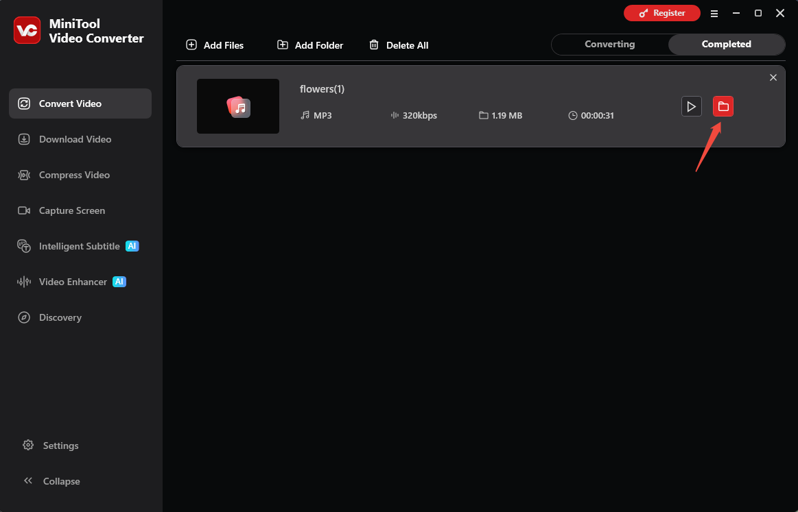 MiniTool Video Converter Convert Video interface with the folder icon pointed by a red arrow under the Completed tab.
