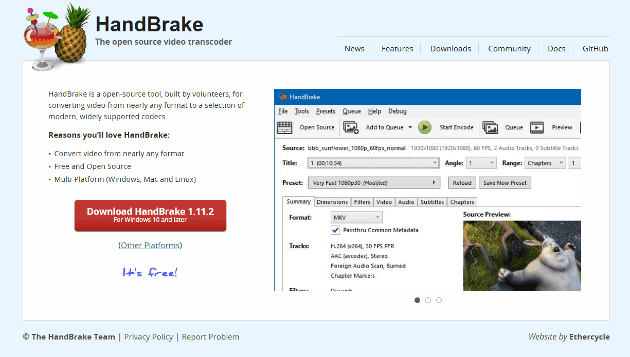 HandBrake official website homepage.