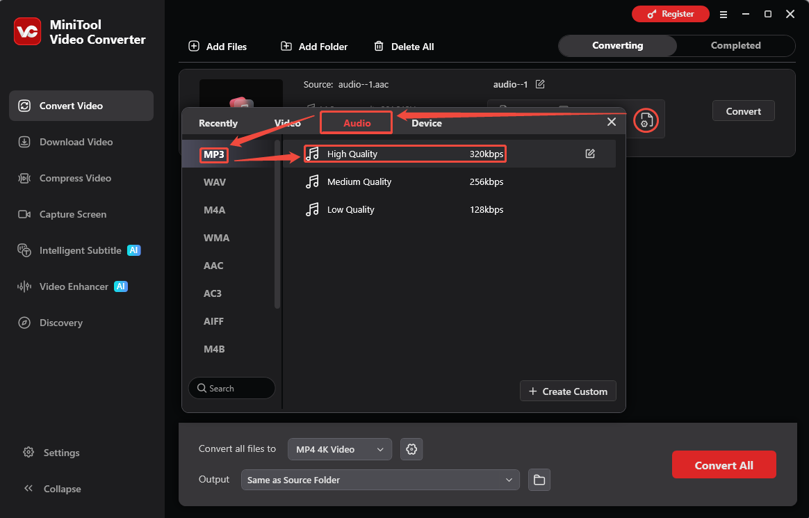 MiniTool Video Converter output format window showing how to set MP3 as the converted format in the Convert Video tab.