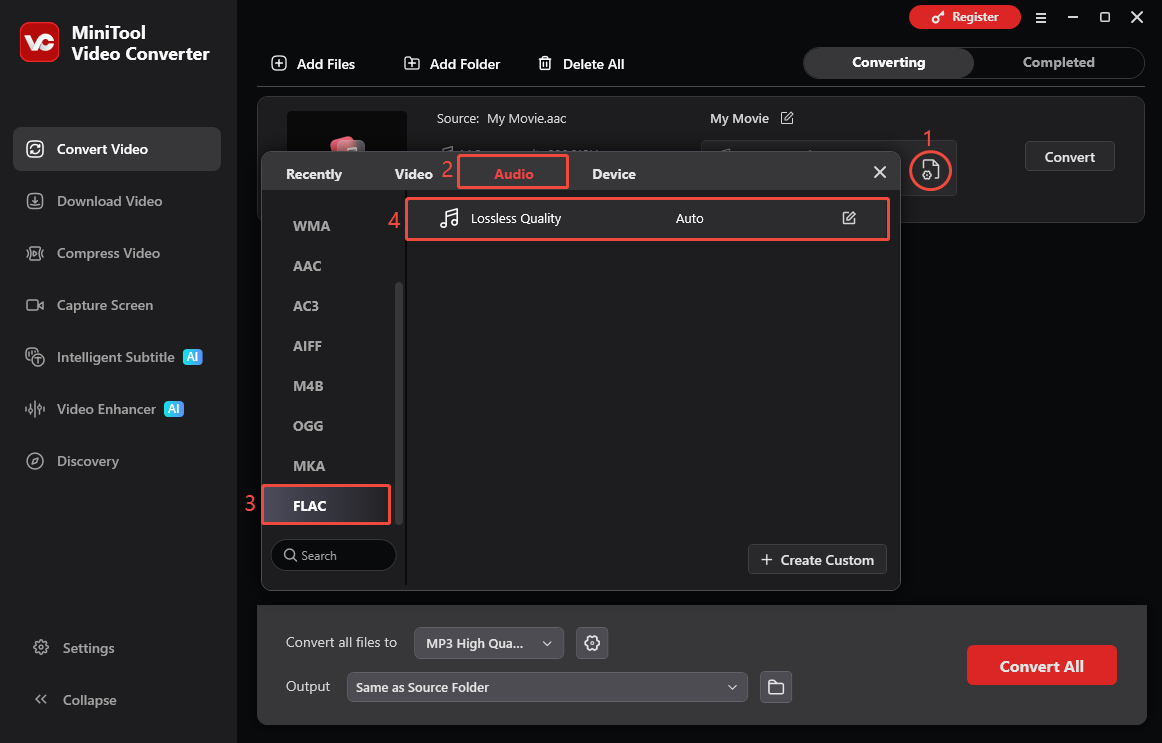 MiniTool Video Converter interface showing how to select FLAC as the output format.