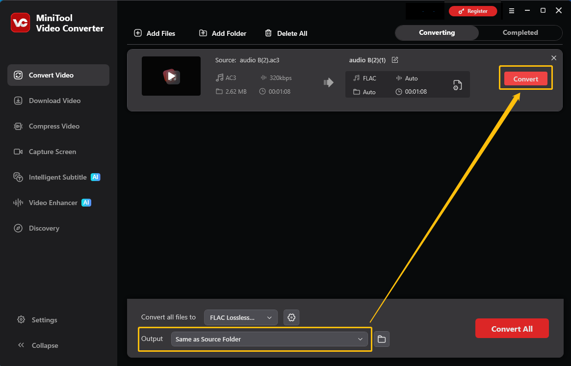 MiniTool Video Converter interface with the Output option and the Convert button selected in the Convert Video tab.