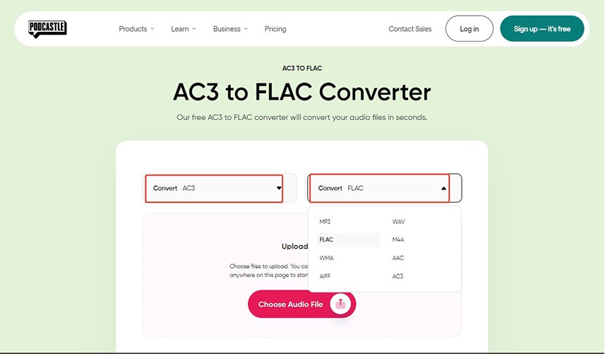 Podcastle interface showing how to set FLAC as the output format.