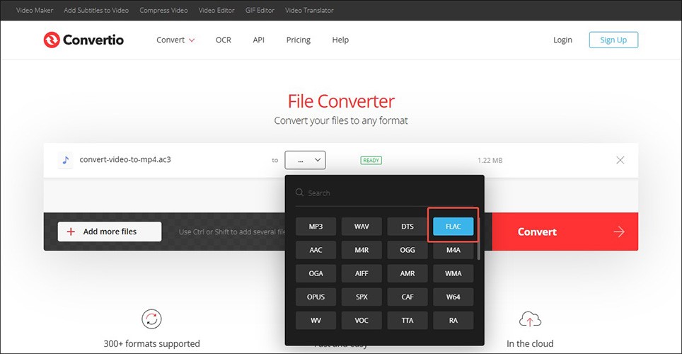 Convertio interface with the expanded FLAC option selected.