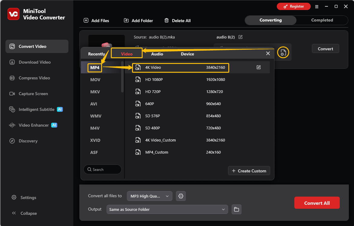 MiniTool Video Converter output format window showing how to set MP4 as the output format.