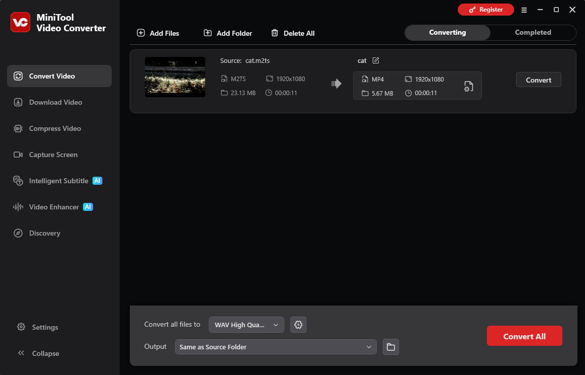 MiniTool Video Converter interface with an M2TS to MP4 conversion task.