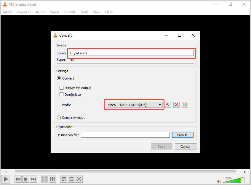 VLC Convert window with the Source and Profile option selected.