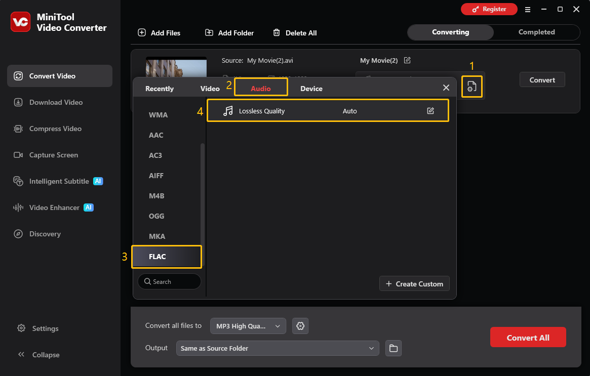 MiniTool Video Converter Convert Video interface showing how to select FLAC as the output format.