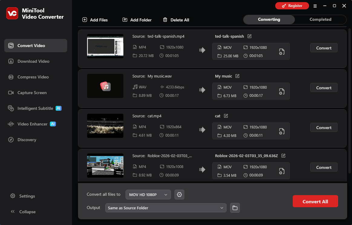 MiniTool Video Converter interface with multiple conversion tasks in the workspace.