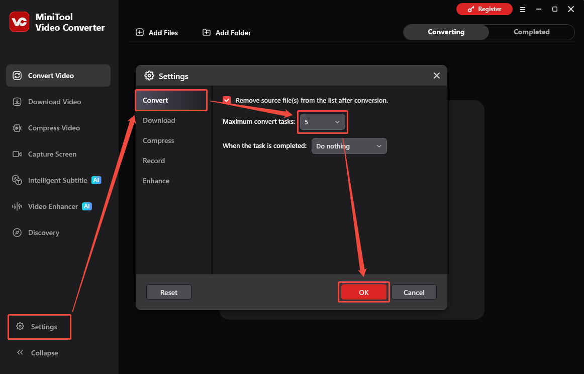 MiniTool Video Converter interface showing how to set the maximum conversion task.