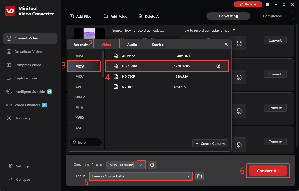 MiniTool Video Converter interface showing how to choose the output format and save location and start conversion.