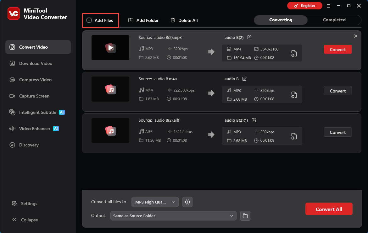 MiniTool Video Converter interface with the Add Files option selected in the Convert Video tab.