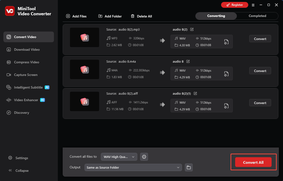 MiniTool Video Converter interface with the Convert All button selected in the Convert Video tab.