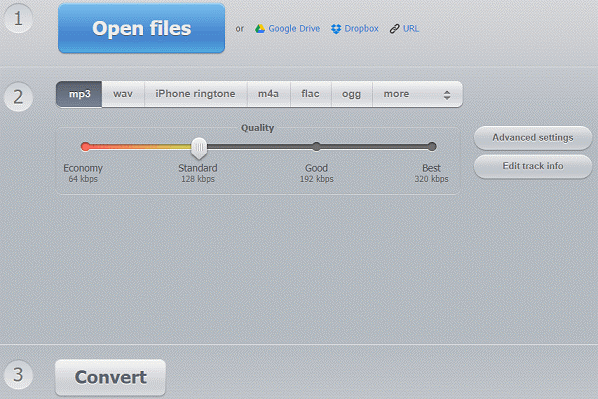 The interface of Online Audio Converter.