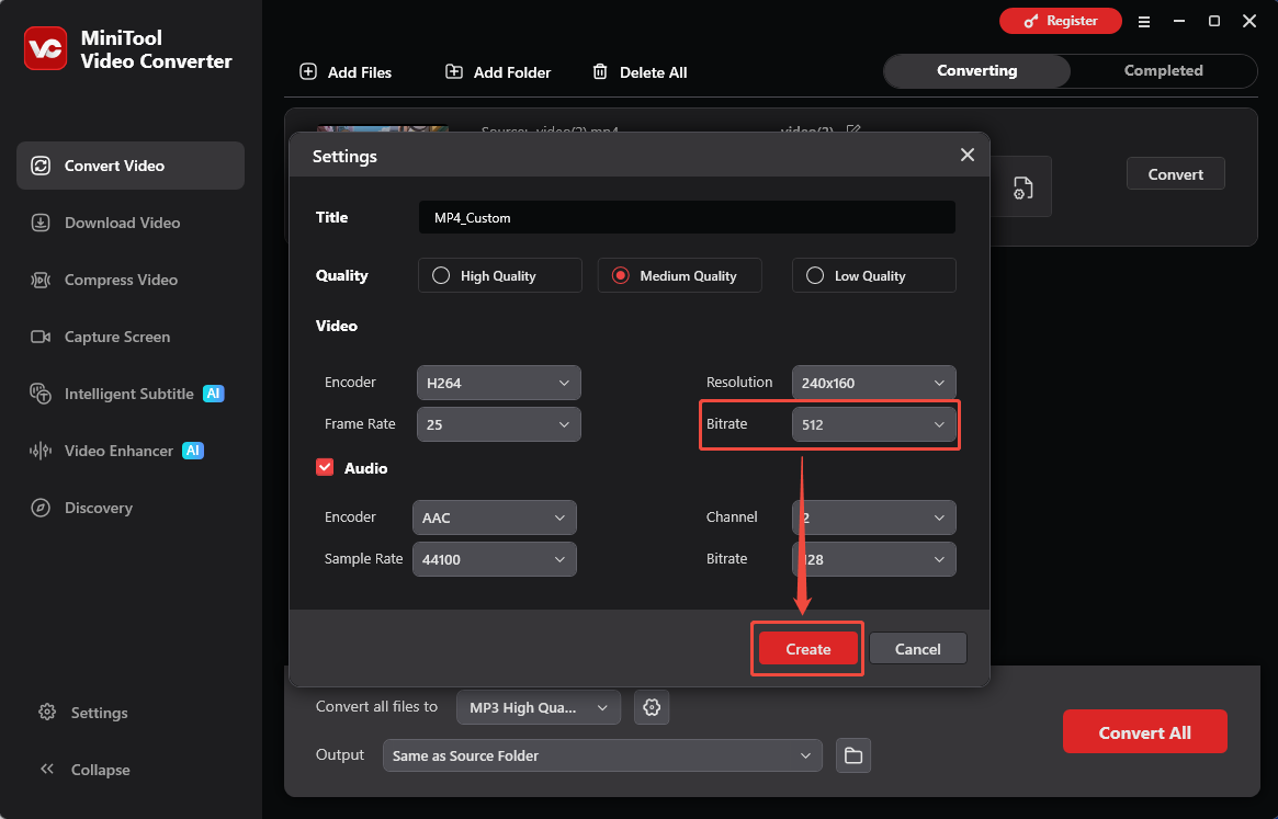 MiniTool Video Converter Settings window showing how to set bitrate in the Convert Video tab.