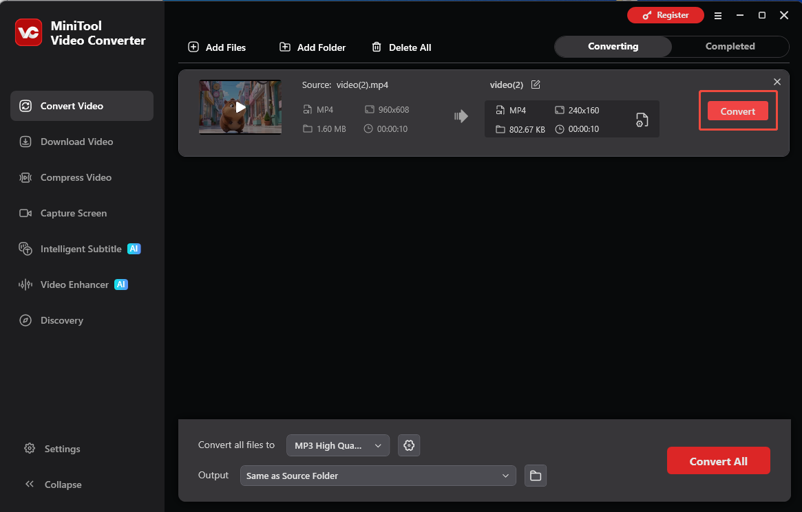 MiniTool Video Converter interface with the Convert button selected in the Convert Video tab.