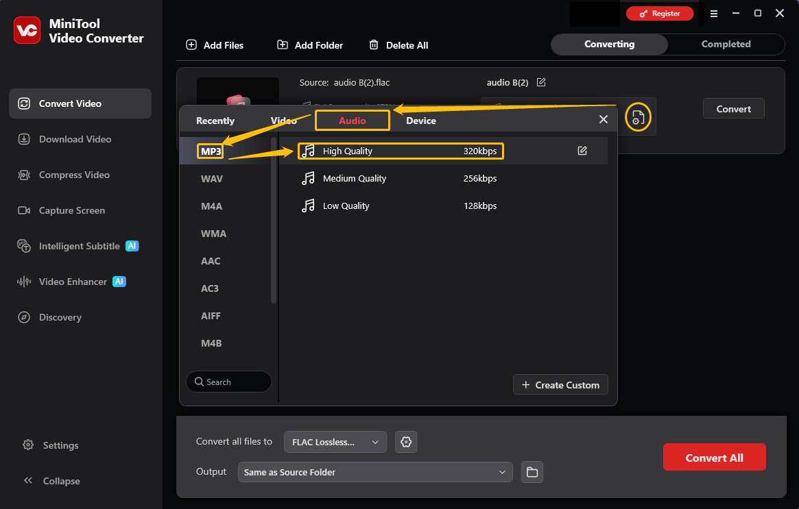 MiniTool Video Converter output format window showing how to set MP3 as the output format in the Convert Video tab.