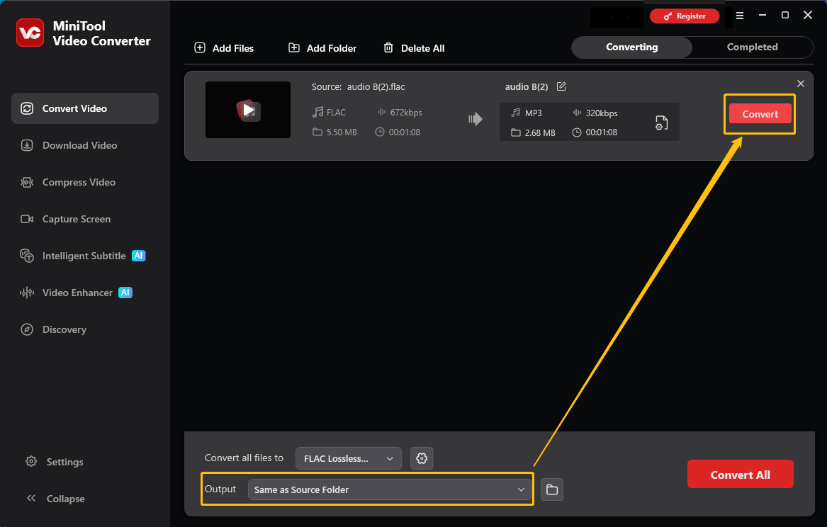 MiniTool Video Converter interface with the Output option and the Convert button selected in the Convert Video tab.