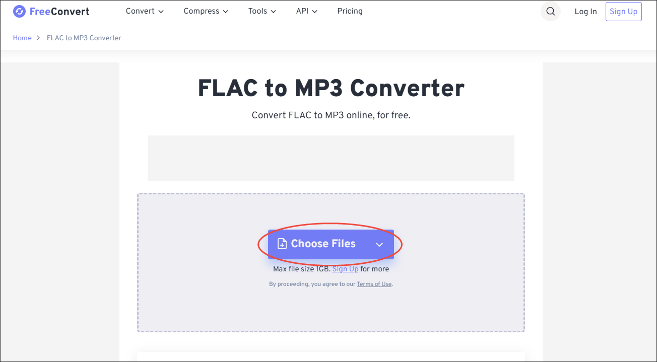 FreeConvert interface with the Choose File option selected.