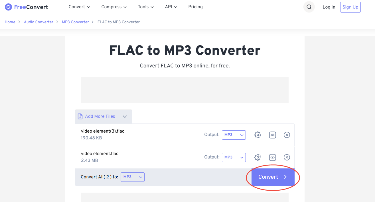 FreeConvert interface with the Convert button selected.