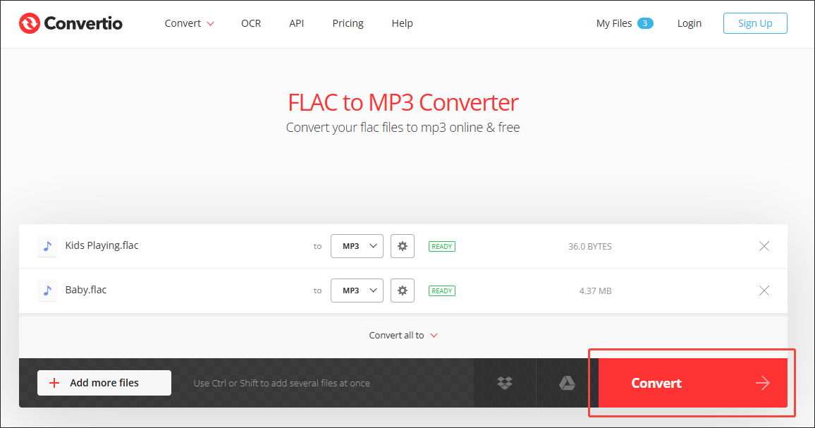 Convertio interface with the Convert button selected.