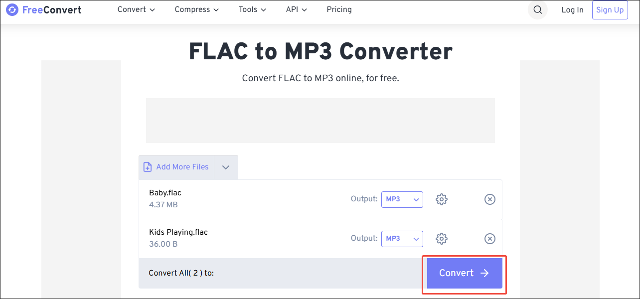 FreeConvert interface with the Convert button selected.