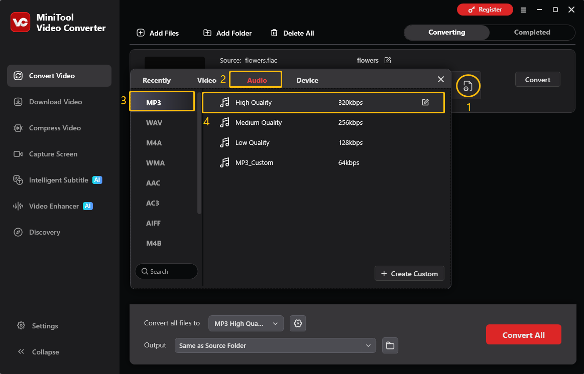 MiniTool Video Converter interface showing how to select MP3 as the export format.