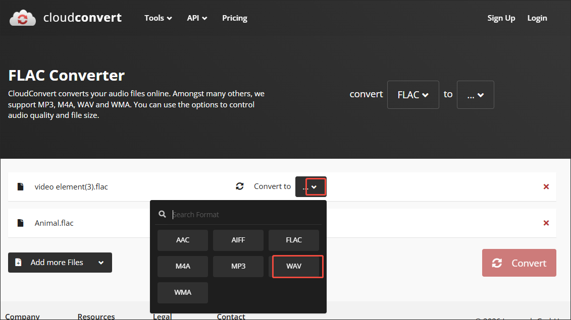 CloudConvert FLAC Converter webpage with the Convert to menu expanded and WAV is selected.