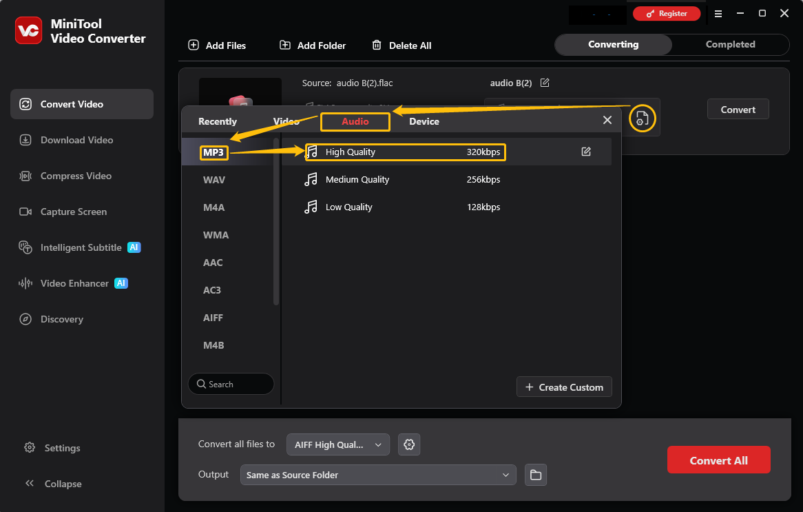 MiniTool Video Converter output format window showing how to set MP3 as the output format in the Convert Video tab.