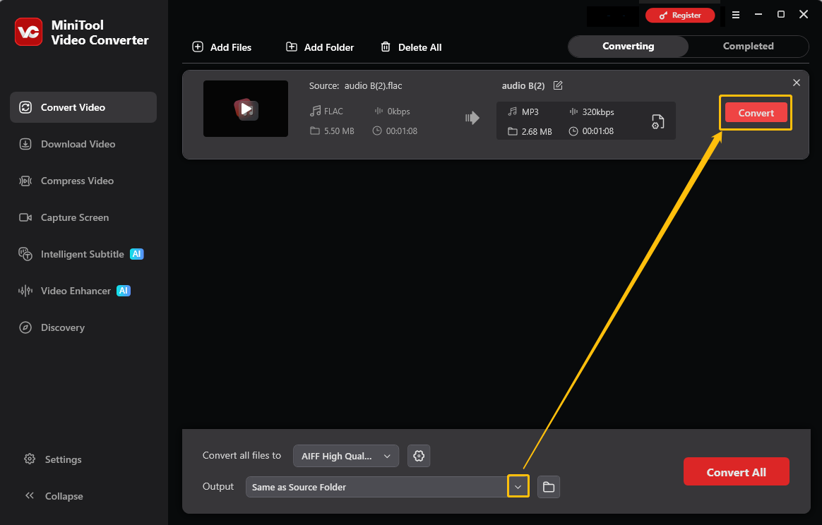 MiniTool Video Converter interface with the Output option and the Convert button selected in the Convert Video tab.