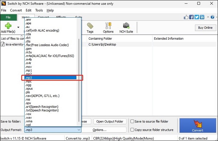 Switch Audio Converter interface with the expanded mp3 option selected.