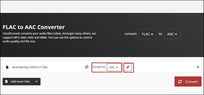 ClouConvert interface with the Convert to option and the Wrench icon selected.