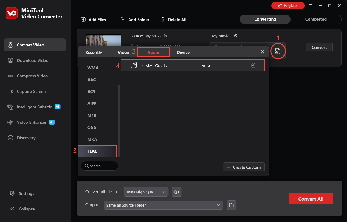 MiniTool Video Converter interface showing how to choose the output format.