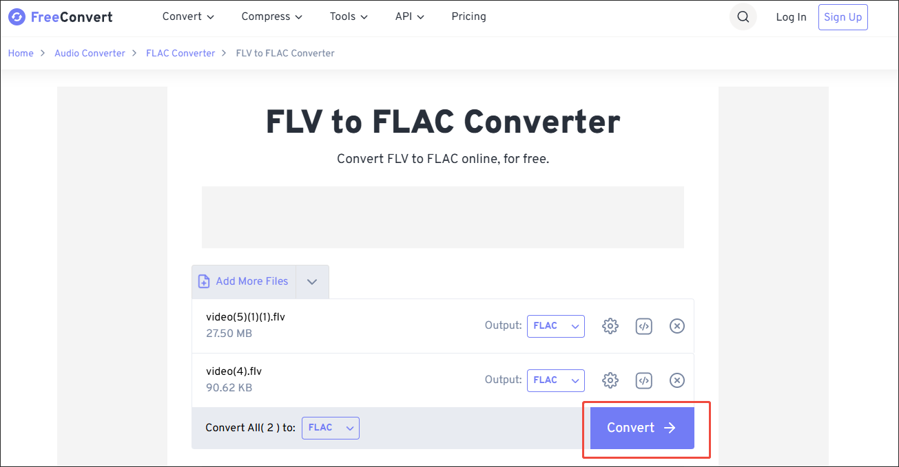 FreeConvert FLV to FLAC Converter conversion interface.