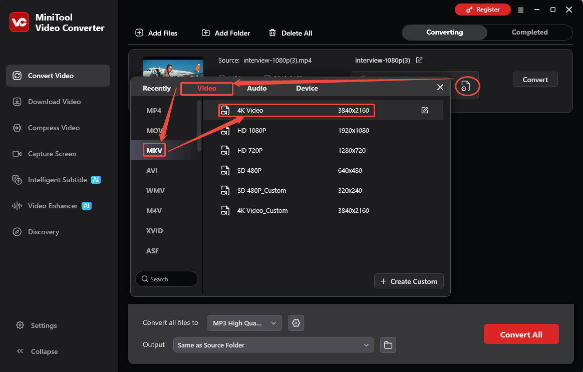 MiniTool Video Converter output format window showing how to set MKV as the output format in the Convert Video tab.