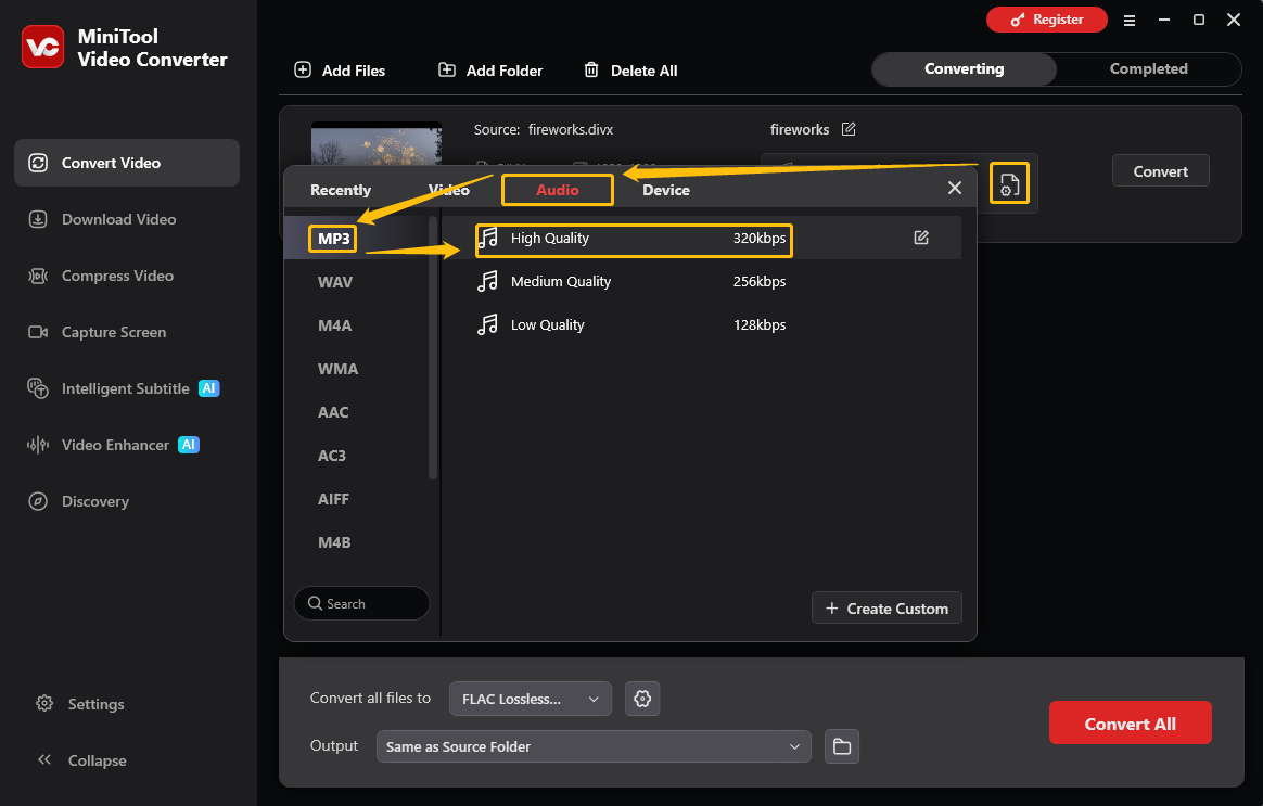 MiniTool Video Converter output format window showing how to set MP3 as the output format in the Convert Video tab.