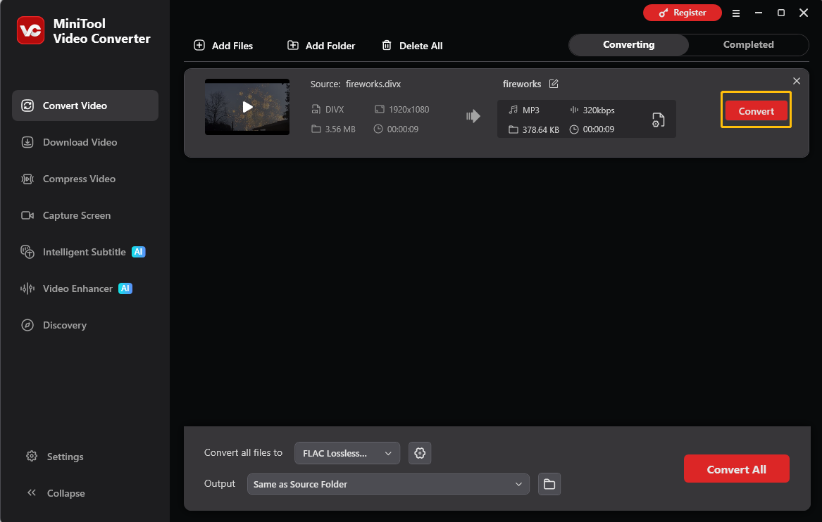 MiniTool Video Converter interface with the Convert button selected in the Convert Video tab.