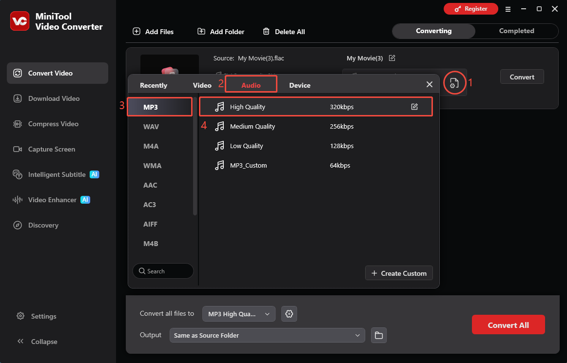 MiniTool Video Converter interface showing how to select MP3 as the output format.