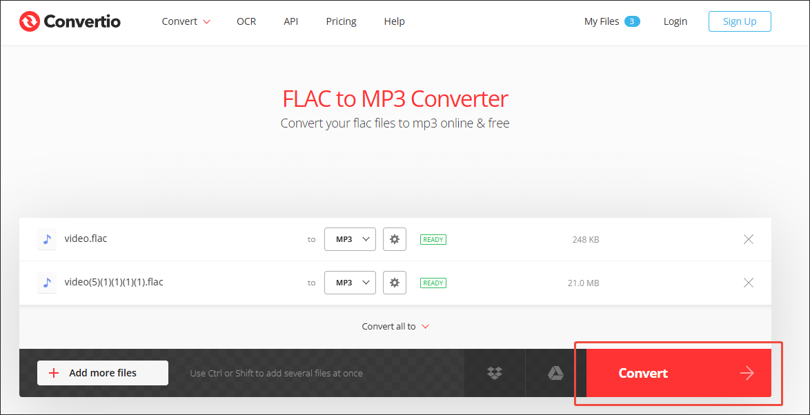 Convertio FLAC to MP3 converter interface.