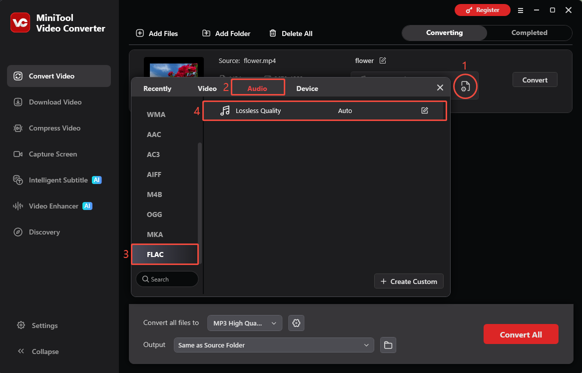 MiniTool Video Converter interface showing how to choose FLAC Lossless Quality as the output format.