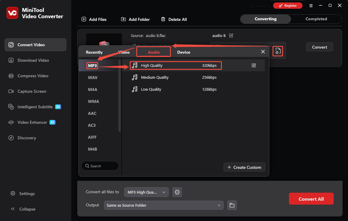 MiniTool Video Converter output format showing how to set MP3 as the converted format in the Convert Video tab.