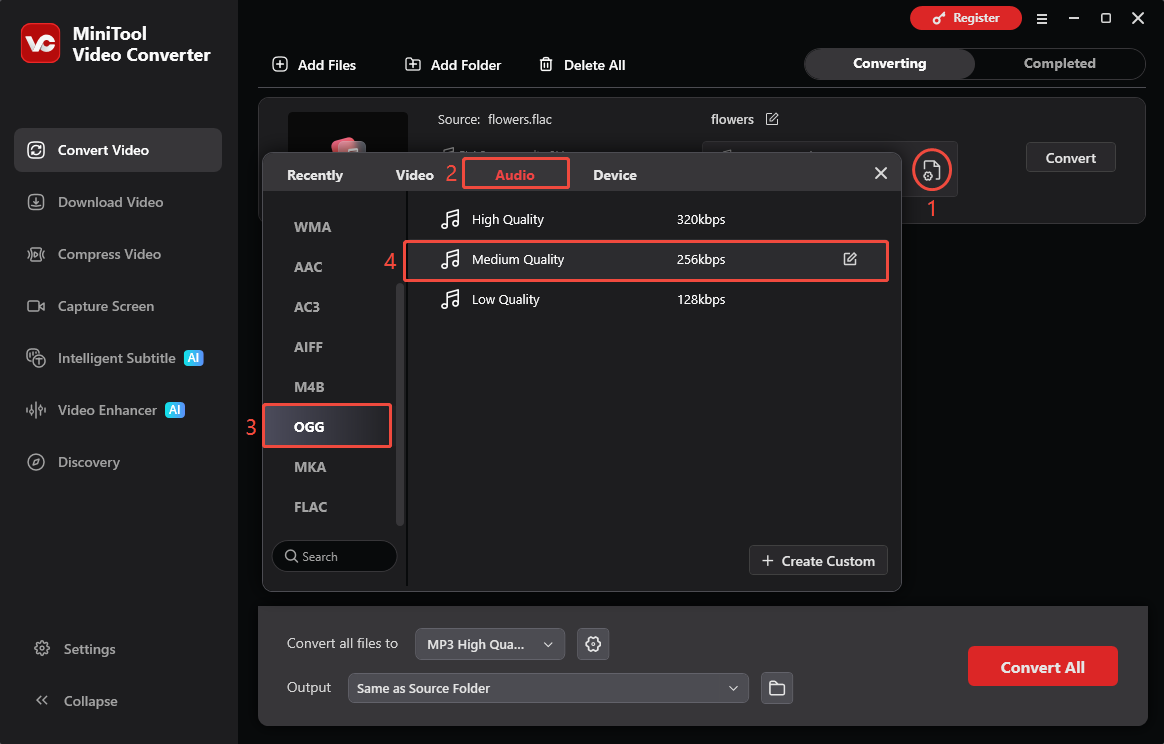 MiniTool Video Converter interface showing how to select OGG as the export format.