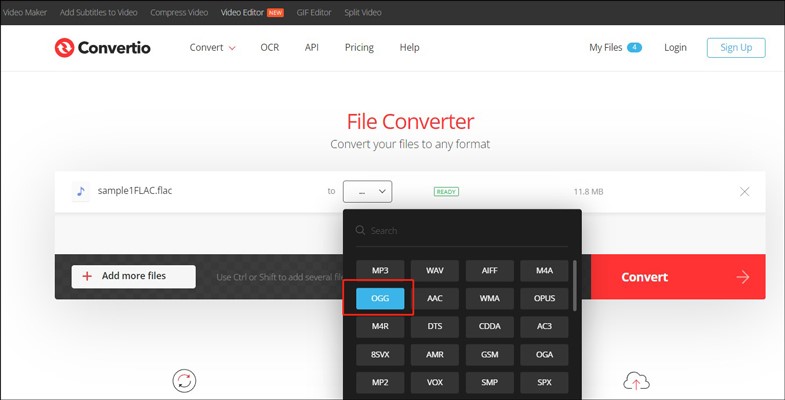 Convertio File Converter interface with the OGG option selected.