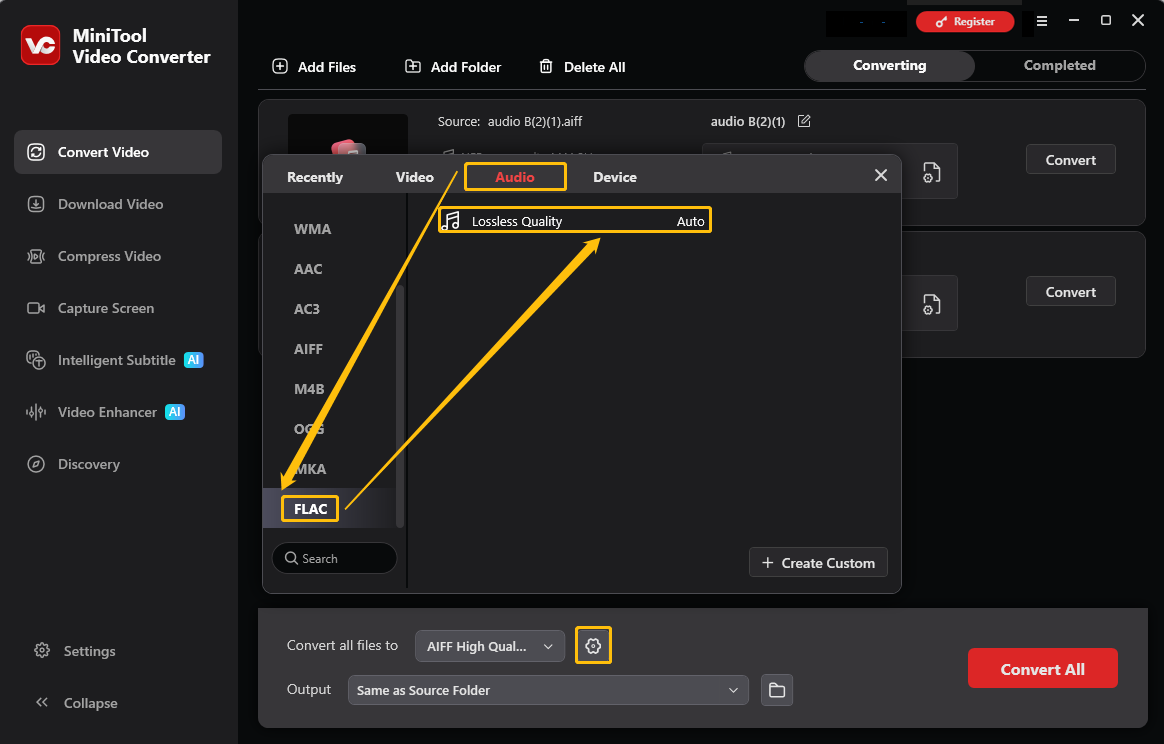 MiniTool Video Converter output format window showing how to set FLAC as the output format in the Convert Video tab.