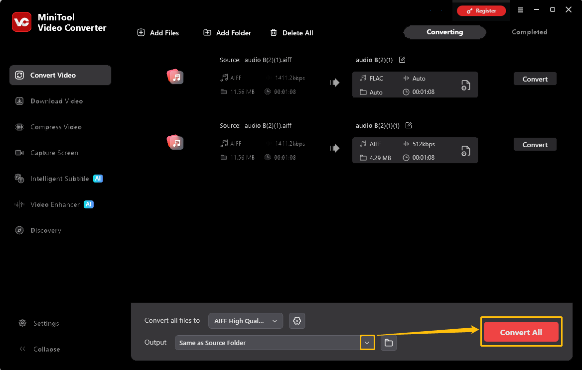 MiniTool Video Converter interface with the Output option and the Convert All button selected in the Convert Video tab.
