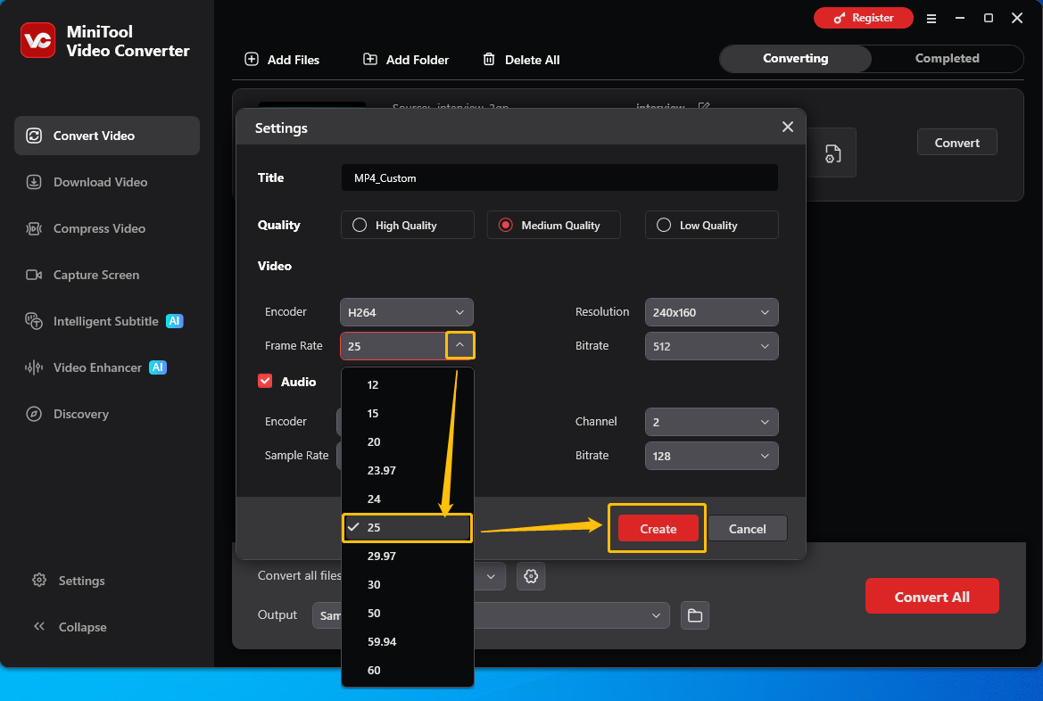 MiniTool Video Converter Settings window showing how to customize a frame rate in the Convert Video tab.
