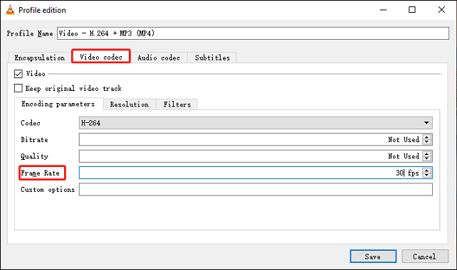 VLC Media Player Profile edition window showing how to adjust frame rate.