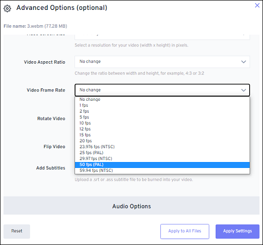 FreeConvert Advanced Options (Optional) window with the expanded 50 fps (PAL) option.